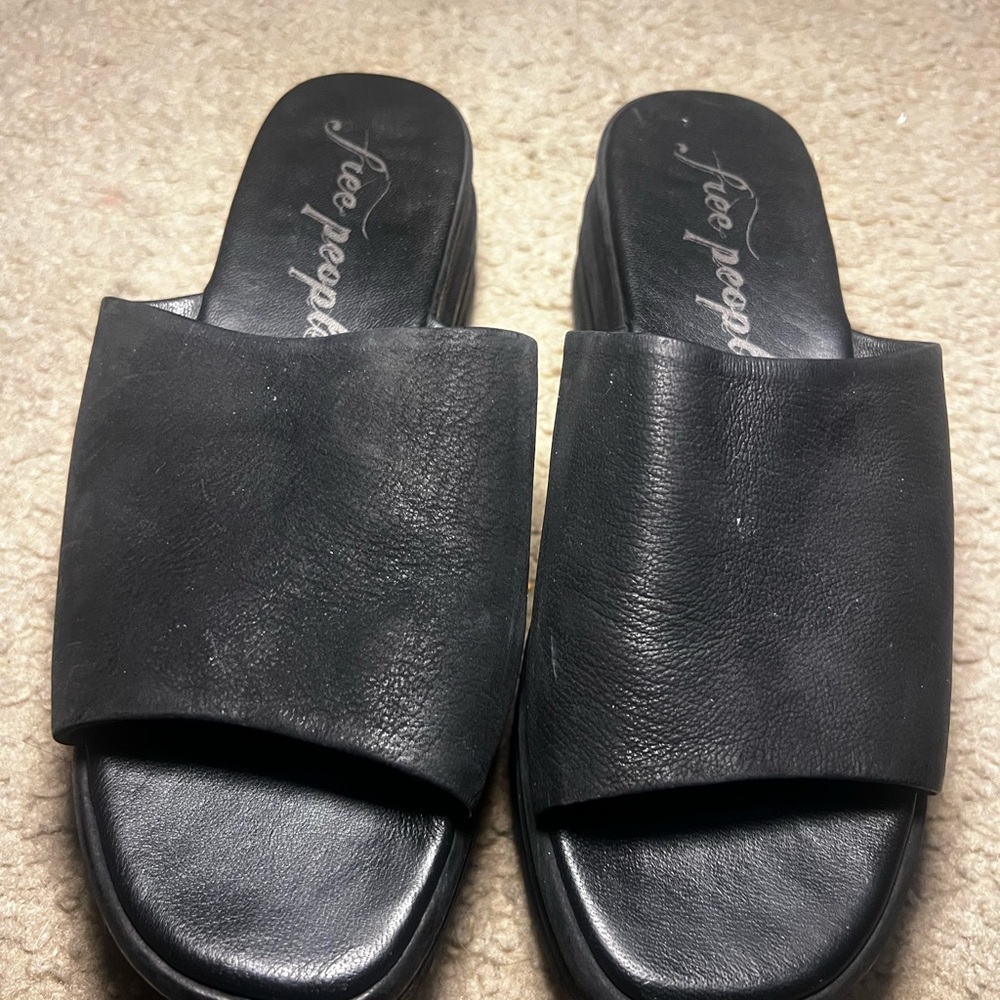 Free People Black Leather Slip-On Sandals